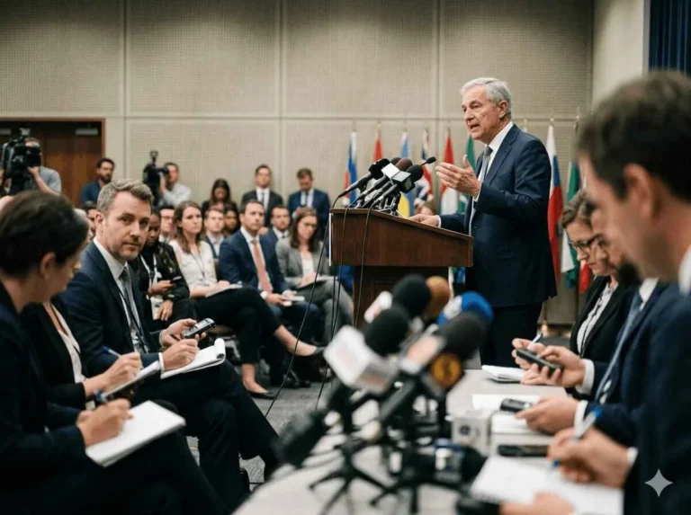 Central bank governor addressing reporters after the rate decision announcement